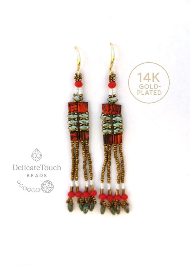 Cercei tribali, cercei lungi statement cu Miyuki si Superduo, cercei rosii  stil boho chic, unicat
