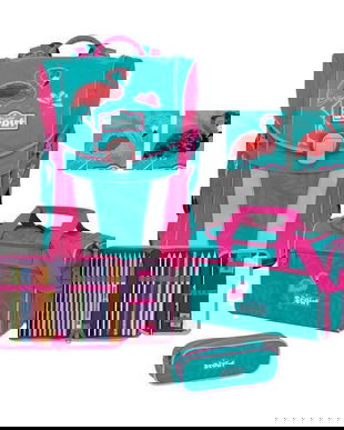 Ghiozdan echipat 4 piese, motiv Flamingo cu Paiete