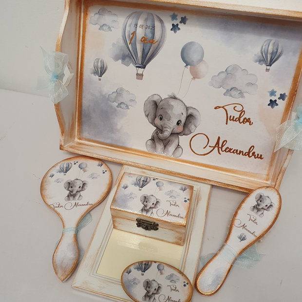 Set personalizat pentru taierea motului / 1 an, Elefantel, balon aer cald