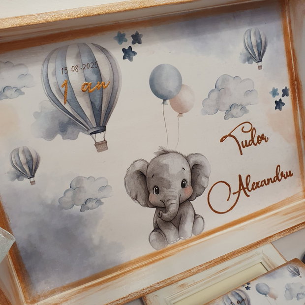 Set personalizat pentru taierea motului / 1 an, Elefantel, balon aer cald
