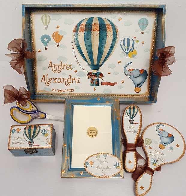 Set personalizat pentru taierea motului / 1 an, Elefantel, balon aer cald