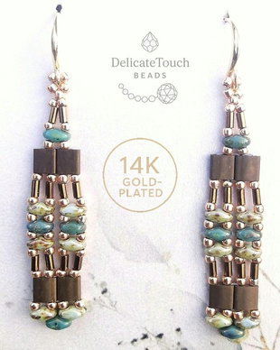 Cercei lungi boho chic, handmade cu Miyuki Tila si SuperDuo turcoaz si bronz, tortite aurii 14k