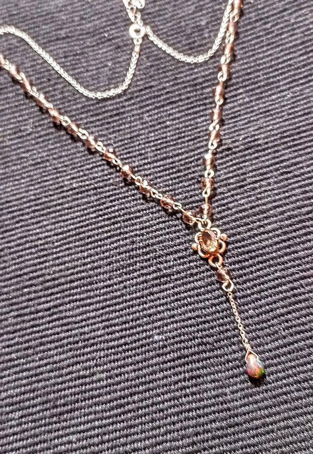 Colier argint opal de foc etiopian negru brioleta cuart fumuriu conector lant argint minimalist boho chic trendy - Transport gratuit