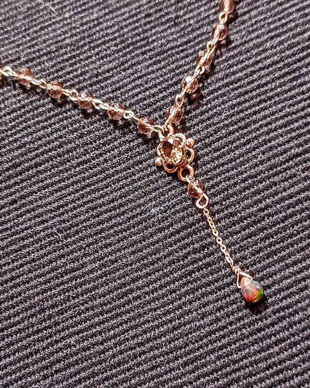 Colier argint opal de foc etiopian negru brioleta cuart fumuriu conector lant argint minimalist boho chic trendy - Transport gratuit