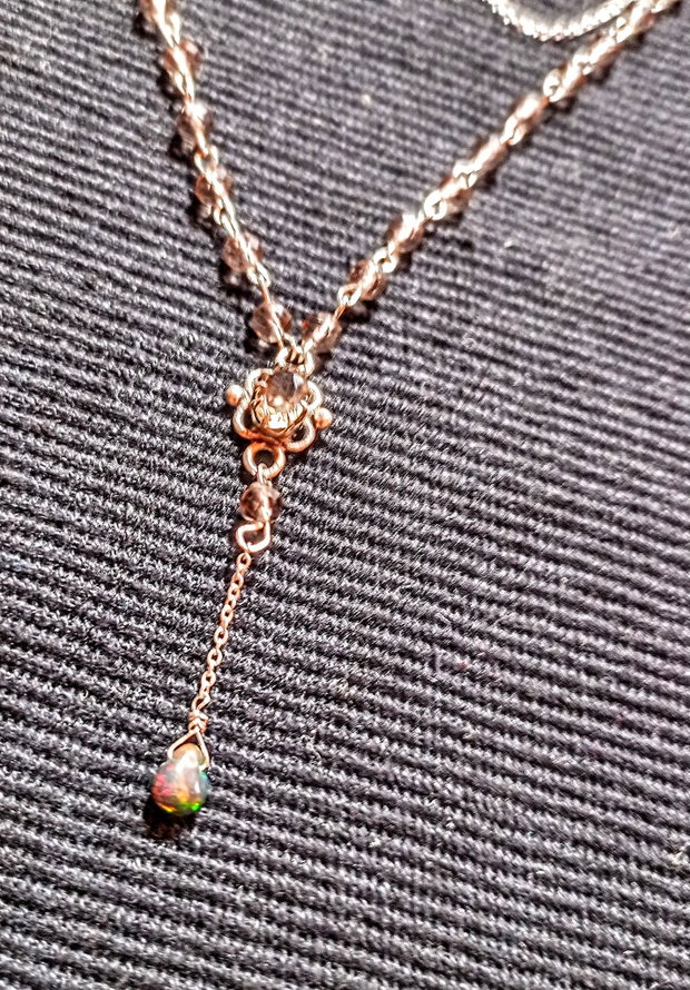 Colier argint opal de foc etiopian negru brioleta cuart fumuriu conector lant argint minimalist boho chic trendy - Transport gratuit