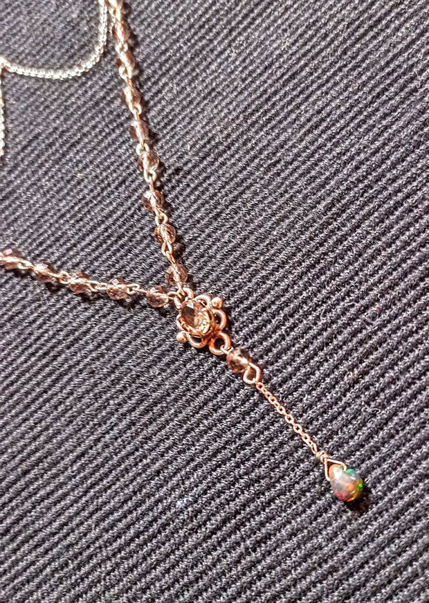 Colier argint opal de foc etiopian negru brioleta cuart fumuriu conector lant argint minimalist boho chic trendy - Transport gratuit