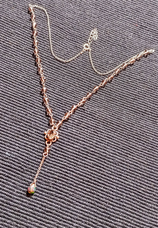 Colier argint opal de foc etiopian negru brioleta cuart fumuriu conector lant argint minimalist boho chic trendy - Transport gratuit