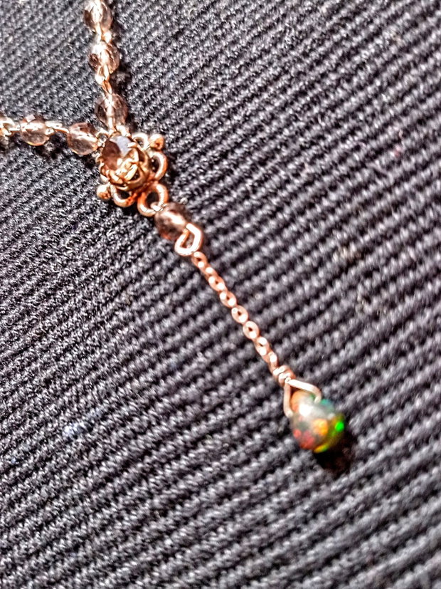 Colier argint opal de foc etiopian negru brioleta cuart fumuriu conector lant argint minimalist boho chic trendy - Transport gratuit