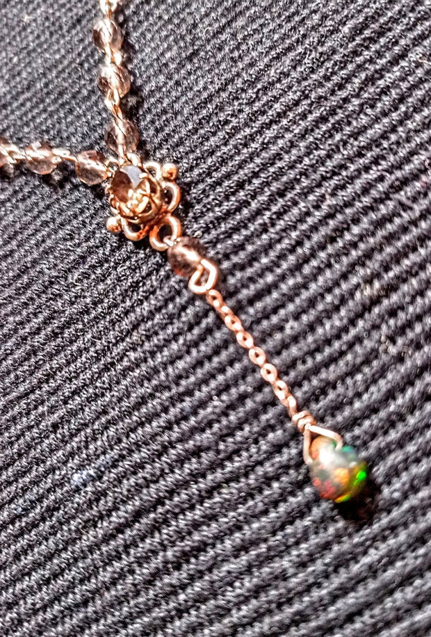 Colier argint opal de foc etiopian negru brioleta cuart fumuriu conector lant argint minimalist boho chic trendy - Transport gratuit