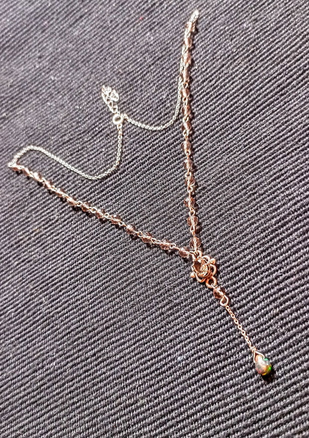Colier argint opal de foc etiopian negru brioleta cuart fumuriu conector lant argint minimalist boho chic trendy - Transport gratuit