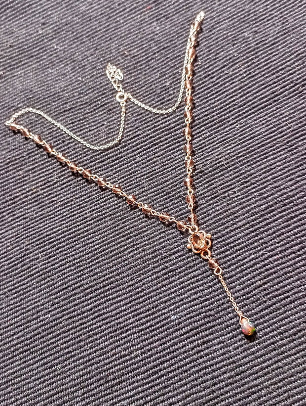 Colier argint opal de foc etiopian negru brioleta cuart fumuriu conector lant argint minimalist boho chic trendy - Transport gratuit