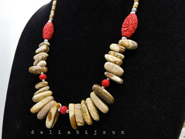 Colier statement handmade unicat - jasp si cinabru (cod1281)