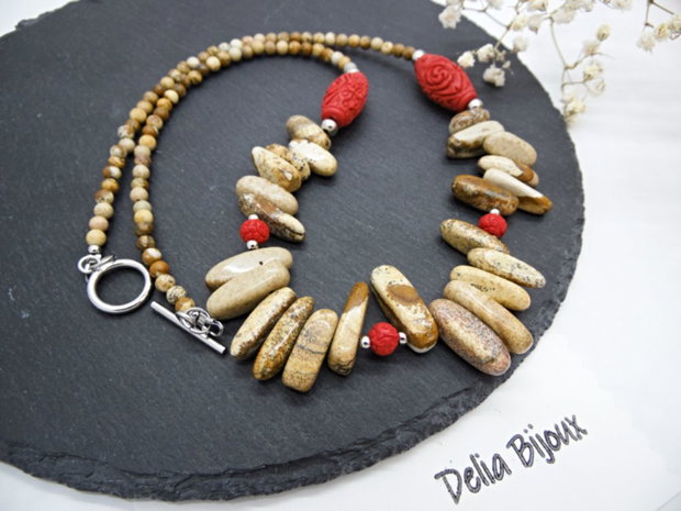 Colier statement handmade unicat - jasp si cinabru (cod1281)