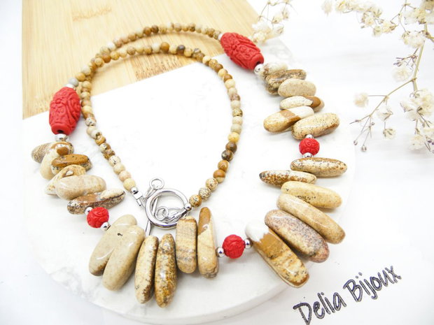 Colier statement handmade unicat - jasp si cinabru (cod1281)