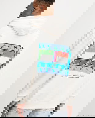 Tommy Jeans hanorac de bumbac culoarea bej, cu glugă, cu imprimeu, DM0DM22077