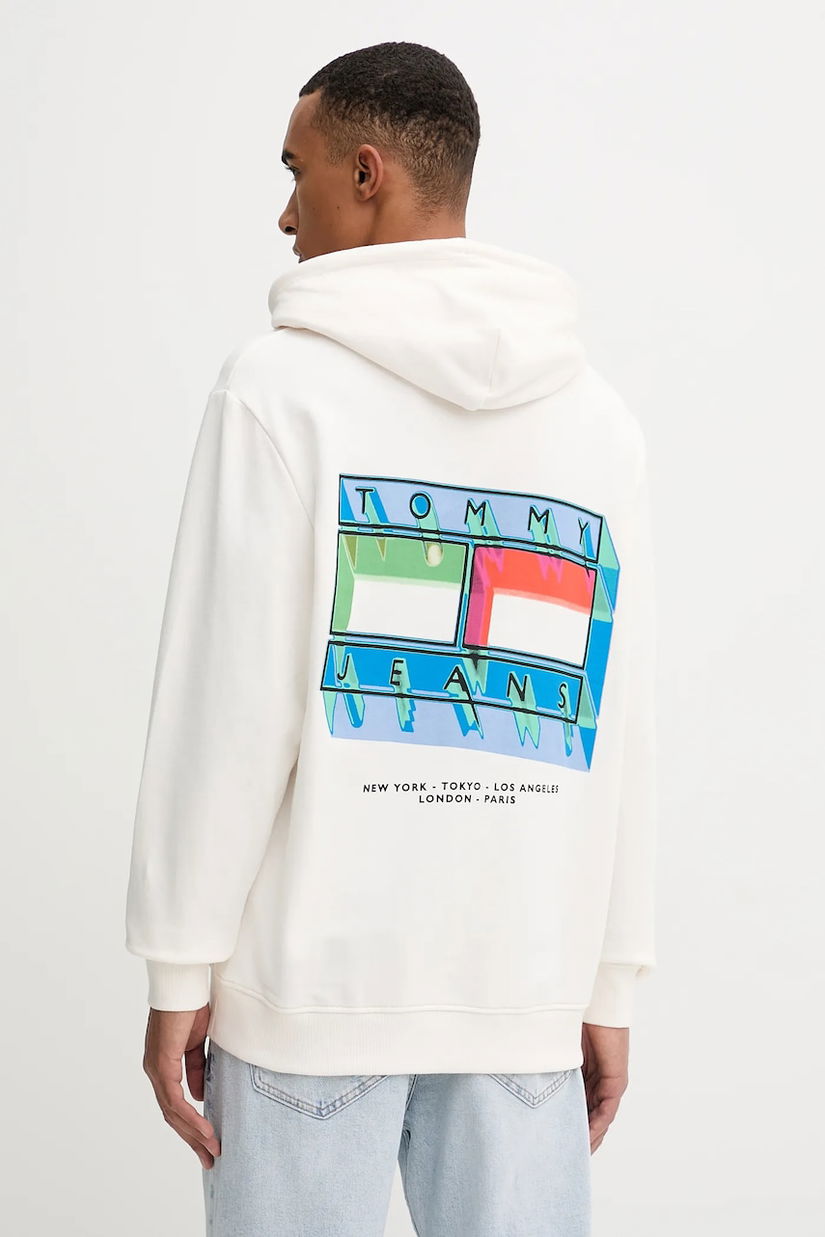 Tommy Jeans hanorac de bumbac culoarea bej, cu glugă, cu imprimeu, DM0DM22077
