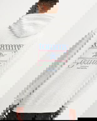 Tommy Jeans bluză culoarea gri, cu glugă, cu imprimeu, DM0DM22085