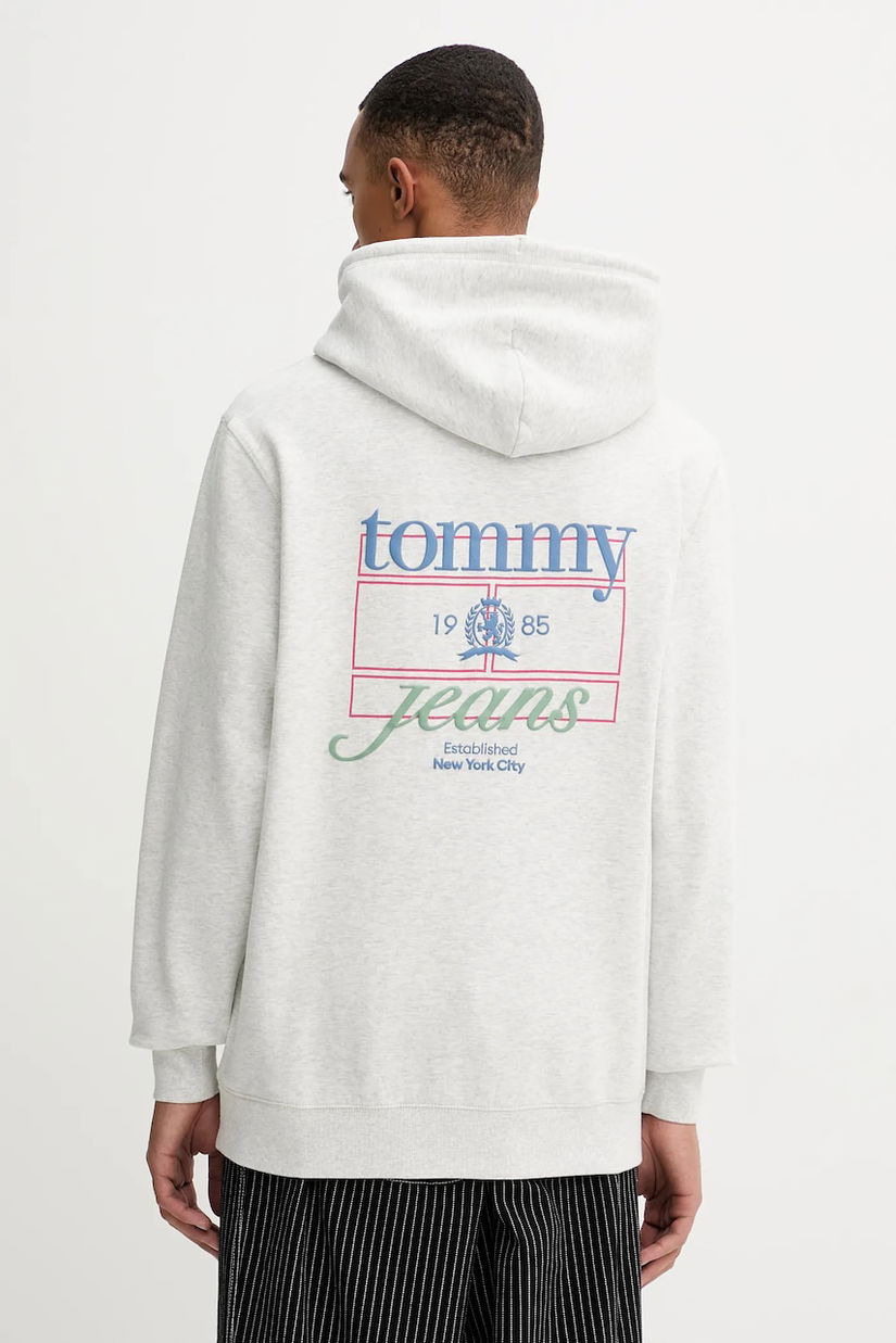 Tommy Jeans bluză culoarea gri, cu glugă, cu imprimeu, DM0DM22085
