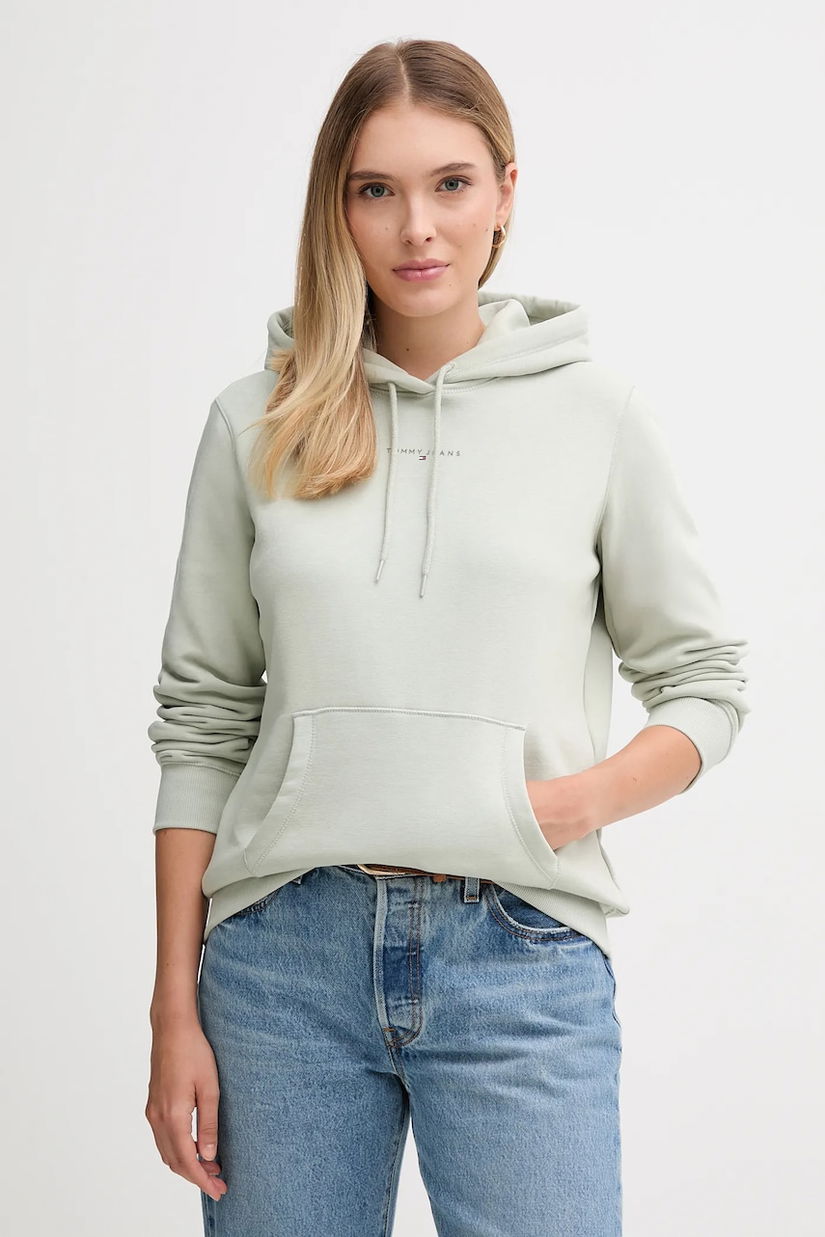Tommy Jeans bluză culoarea verde, cu glugă, cu imprimeu, DW0DW21963