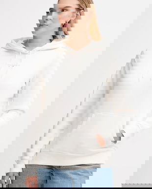 Tommy Jeans bluză culoarea bej, cu glugă, cu imprimeu, DW0DW21963