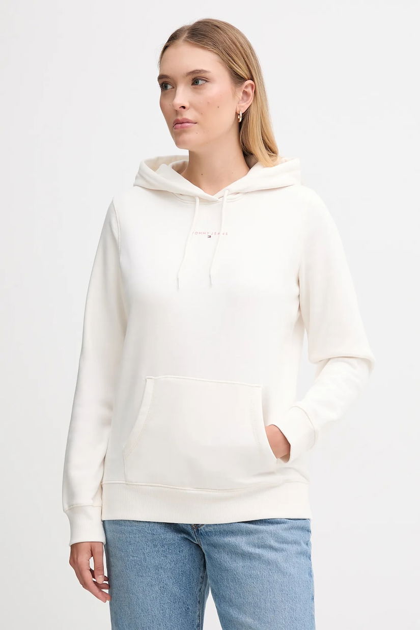 Tommy Jeans bluză culoarea bej, cu glugă, cu imprimeu, DW0DW21963