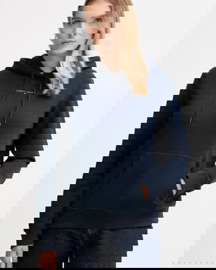 Tommy Jeans bluză culoarea bleumarin, cu glugă, cu imprimeu, DW0DW21963