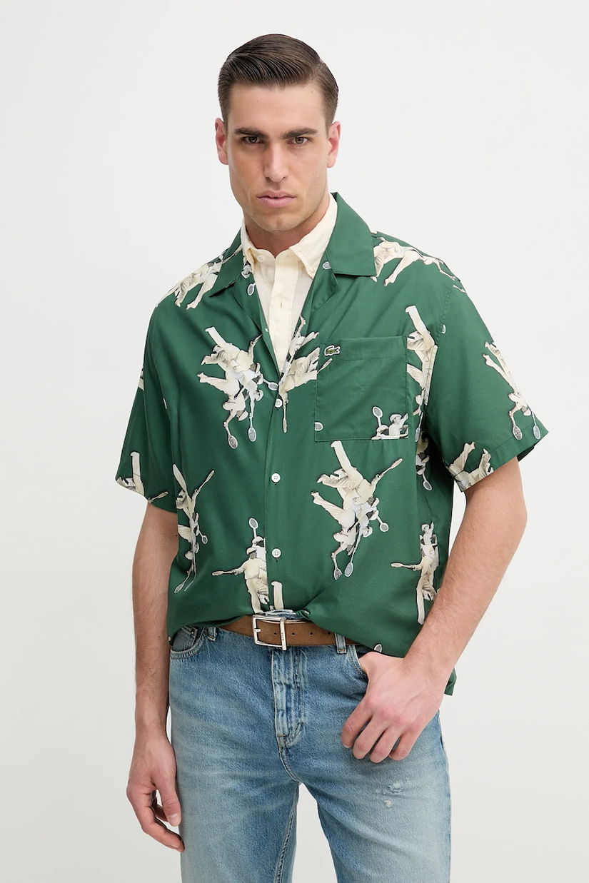 Lacoste cămașă bărbați, culoarea verde, cu guler clasic, relaxed, CH0113