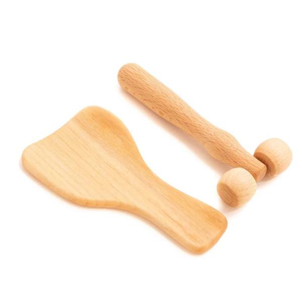 Set de Masaj din Lemn Natural - Gua Sha &amp; Derma Roller, Natur - Tuuli, 1 set