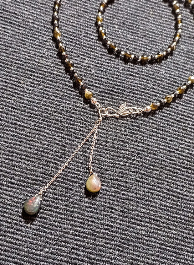 Colier argint opal de foc etiopian negru briolete obsidian spinel negru lant inchidere frontala minimalist boho chic trendy - Transport gratuit