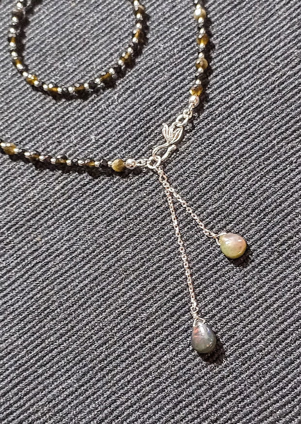 Colier argint opal de foc etiopian negru briolete obsidian spinel negru lant inchidere frontala minimalist boho chic trendy - Transport gratuit