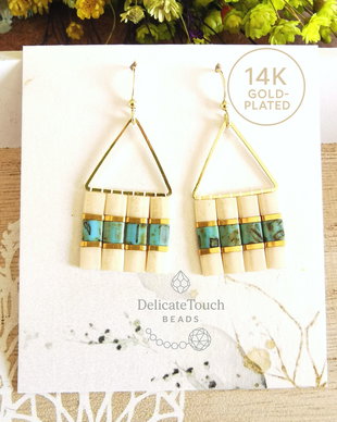 Cercei boho Ivory si Turcoaz, cercei geometrici cu Tila si tortite placate cu aur 14k