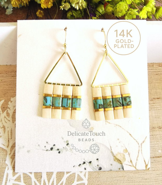 Cercei boho Ivory si Turcoaz, cercei geometrici cu Tila si tortite placate cu aur 14k