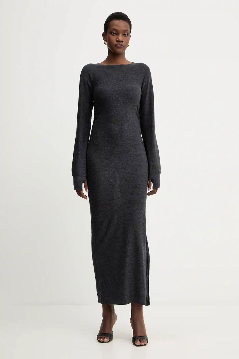 Marella rochie din lână culoarea gri, maxi, mulată, 2523326025200