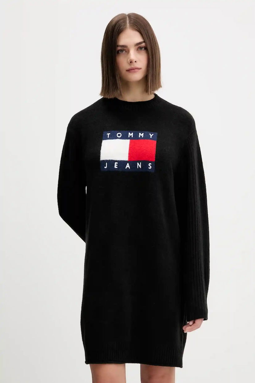 Tommy Jeans rochie din amestec de lână culoarea negru, mini, oversize, DW0DW21462