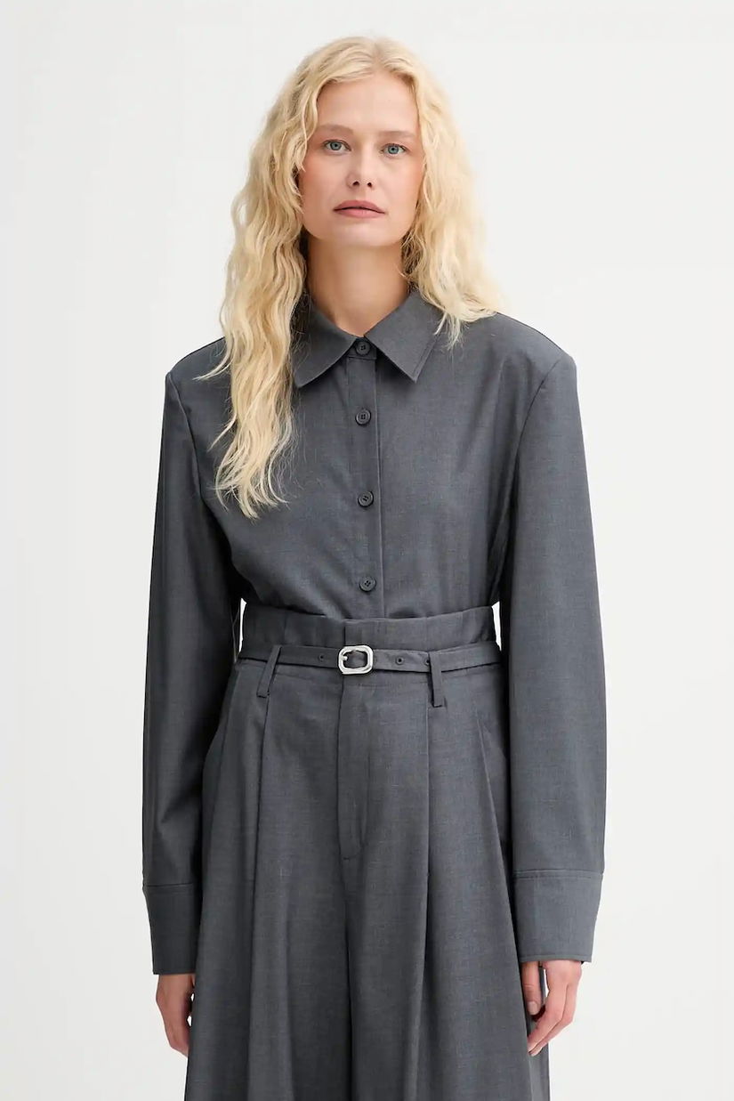 ISABELLE BLANCHE cămașă de lână culoarea gri, cu guler clasic, regular, IS25FW-C037-T002