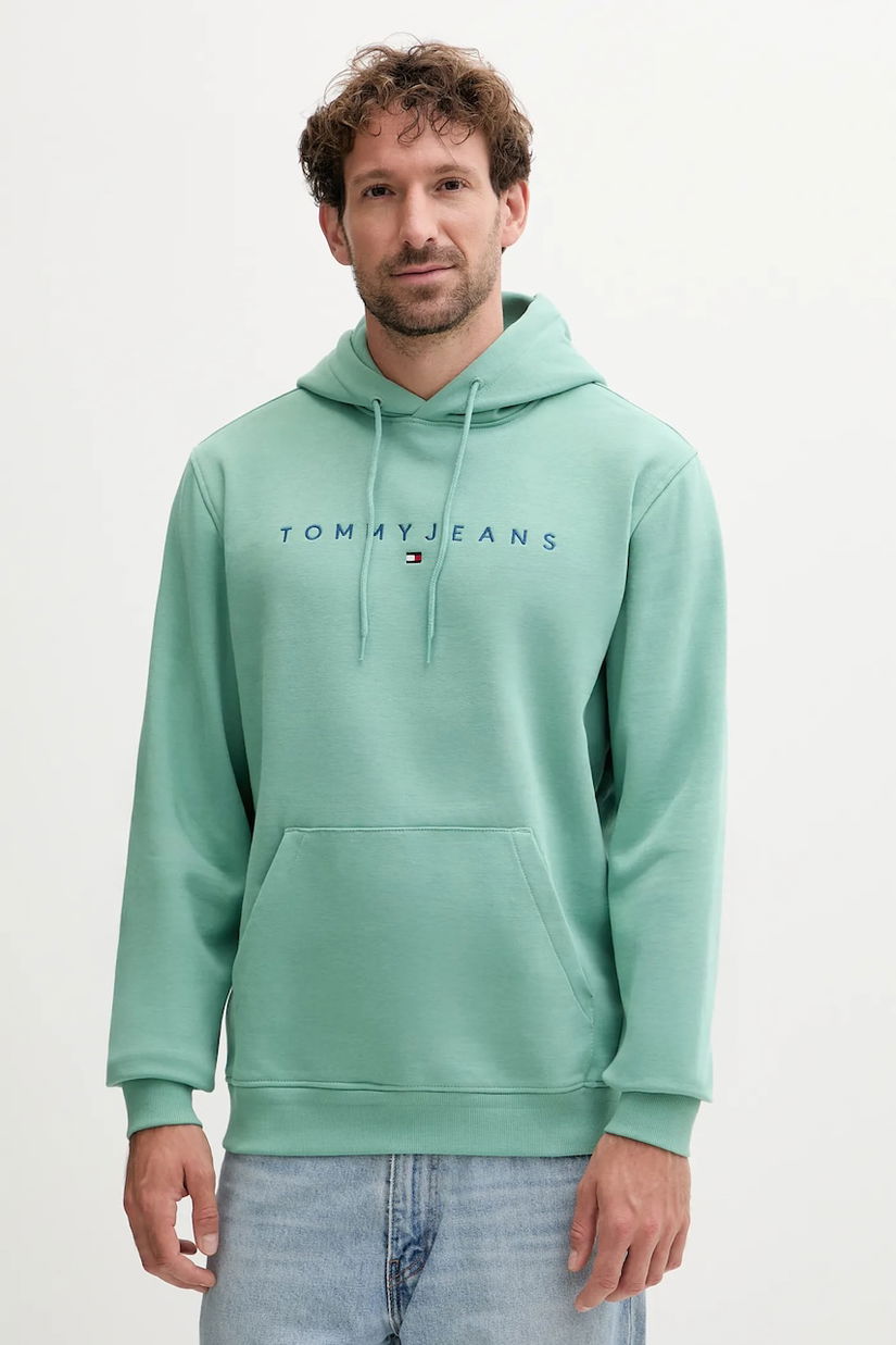 Tommy Jeans bluză culoarea bej, cu glugă, cu imprimeu, DM0DM20746