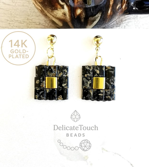 Cercei Tila Negru Patinat cu auriu | Design Minimalist Geometric, tortite argint 925