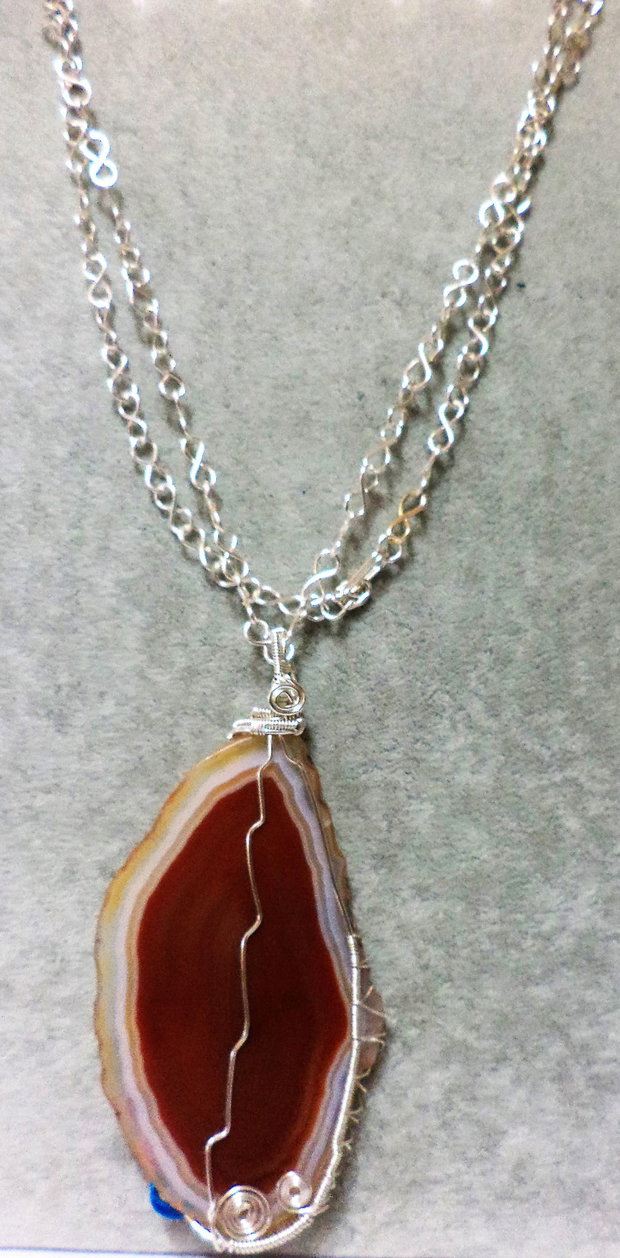 Colier handmade cu pandantiv din sarma si geoda de agat