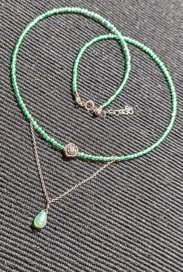 Set argint opal de foc etiopian calcedonie verde colier cercei lant floare frunze argint minimalist boho chic trendy - Transport gratuit