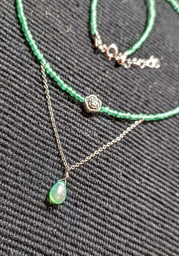 Set argint opal de foc etiopian calcedonie verde colier cercei lant floare frunze argint minimalist boho chic trendy - Transport gratuit