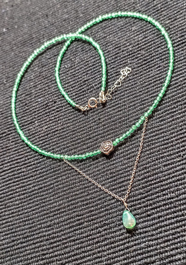 Set argint opal de foc etiopian calcedonie verde colier cercei lant floare frunze argint minimalist boho chic trendy - Transport gratuit