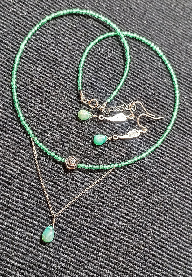 Set argint opal de foc etiopian calcedonie verde colier cercei lant floare frunze argint minimalist boho chic trendy - Transport gratuit