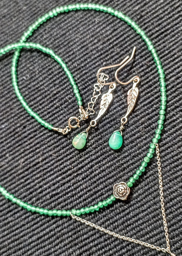 Set argint opal de foc etiopian calcedonie verde colier cercei lant floare frunze argint minimalist boho chic trendy - Transport gratuit