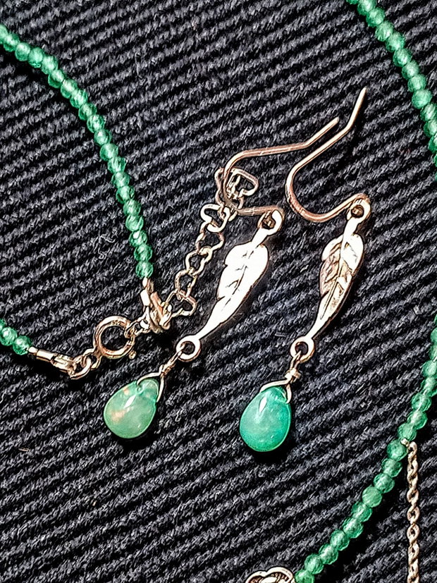 Set argint opal de foc etiopian calcedonie verde colier cercei lant floare frunze argint minimalist boho chic trendy - Transport gratuit