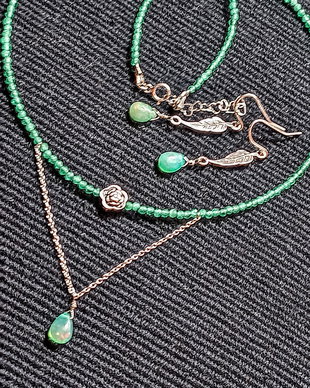 Set argint opal de foc etiopian calcedonie verde colier cercei lant floare frunze argint minimalist boho chic trendy - Transport gratuit