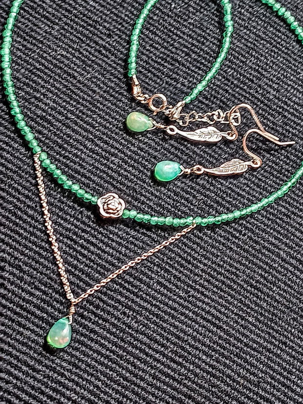 Set argint opal de foc etiopian calcedonie verde colier cercei lant floare frunze argint minimalist boho chic trendy - Transport gratuit