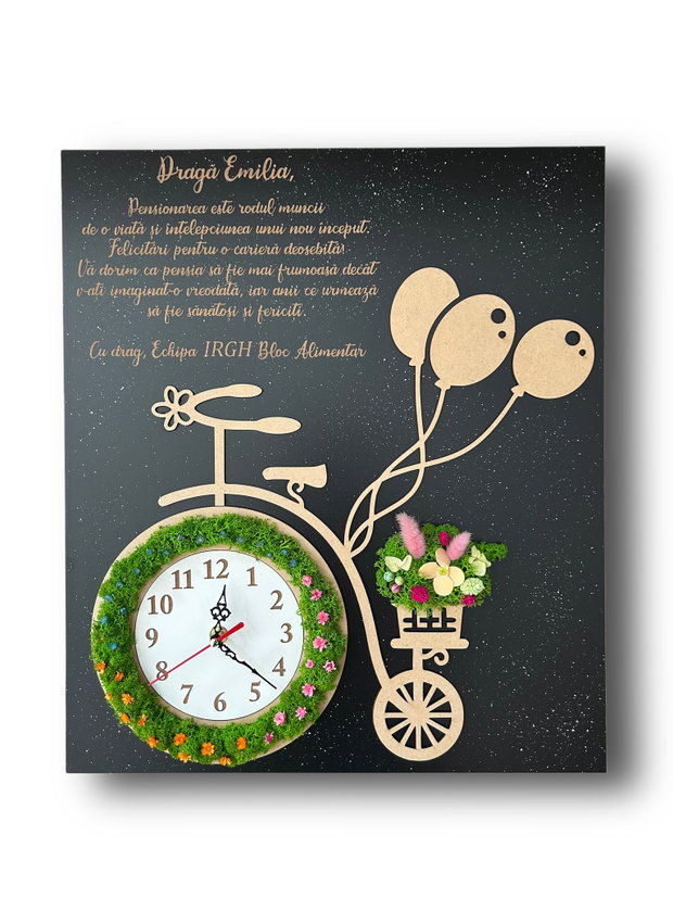 Ceas cu Licheni Bicicletă pe Plachetă Neagră Cadou Personalizat Pensionare sau Aniversare