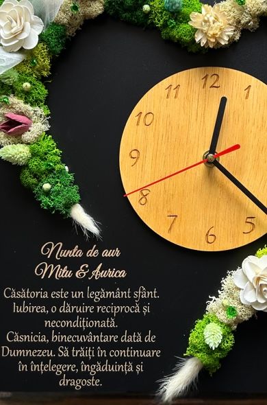 Ceas Personalizat 50 Ani Căsătorie Licheni Verzi și Albi, Inimă