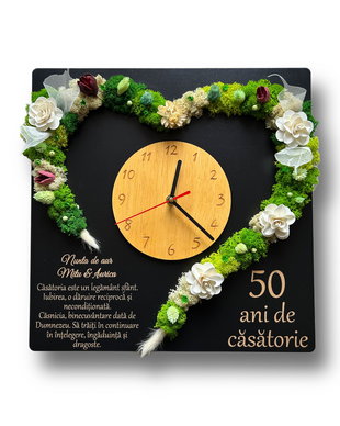 Ceas Personalizat 50 Ani Căsătorie  Licheni Verzi și Albi, Inimă