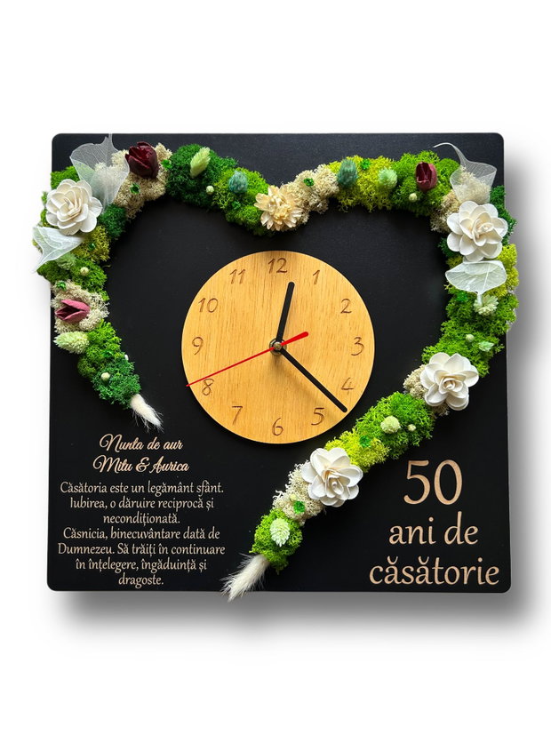Ceas Personalizat 50 Ani Căsătorie Licheni Verzi și Albi, Inimă